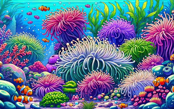 Colorful sea anemones and coral reef HD desktop wallpaper and background.