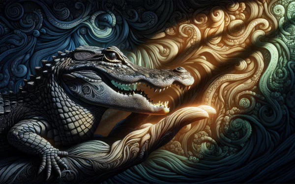 HD Desktop Wallpaper featuring artistic illustration of an alligator with ornate background patterns.