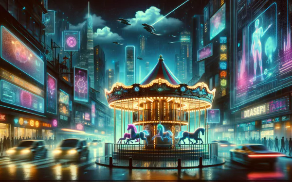 HD desktop wallpaper featuring a brightly lit carousel in a neon-lit futuristic cityscape at night.