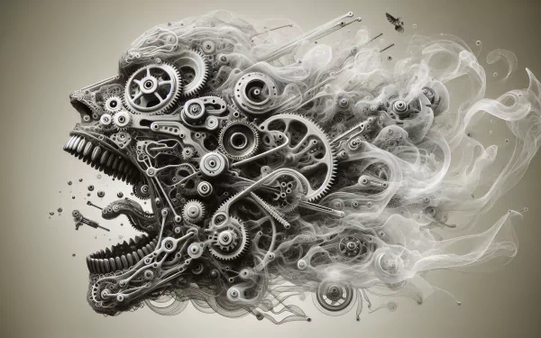 HD wallpaper of a skull made from mechanical gears and cogs with smoke effects on beige background.