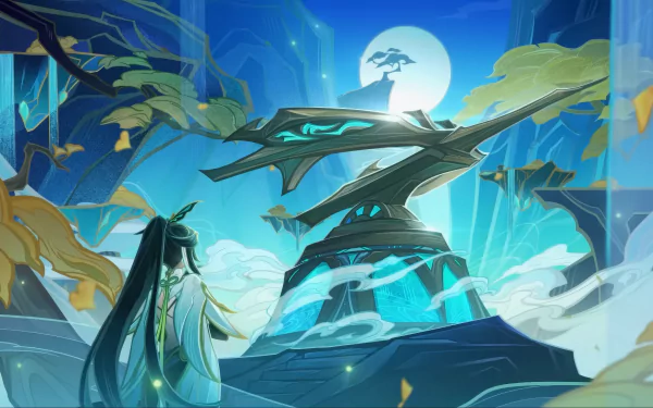 HD desktop wallpaper featuring the character Xianyun from the video game Genshin Impact, set against a stylized backdrop of a mystical structure with vibrant blue tones and golden leaves.