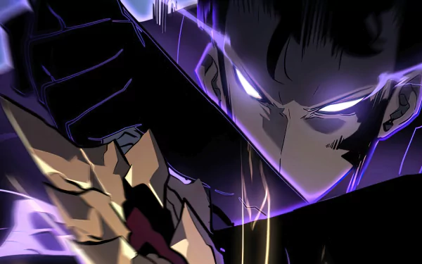 Sung Jin-Woo from Solo Leveling stares intensely, wielding a weapon amidst dark, electrifying energy in this dynamic HD anime wallpaper.