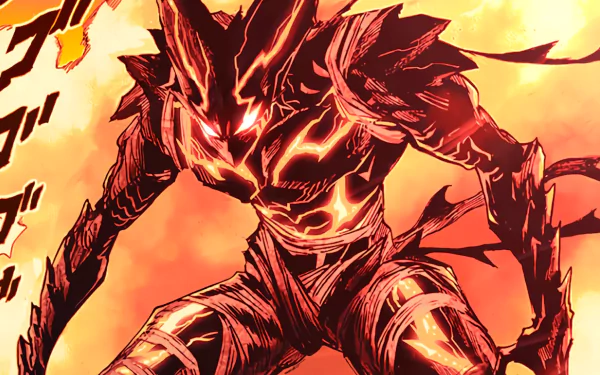A dynamic HD wallpaper featuring Garou from One-Punch Man, showcasing his fierce form with striking red and orange tones, embodying the intense style of anime and manga.