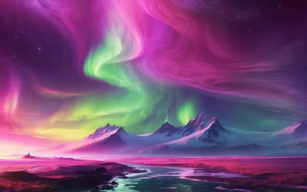 HD desktop wallpaper featuring a vibrant aurora borealis over snow-capped mountains and a reflective water body with a blend of pink, green, and purple lights.