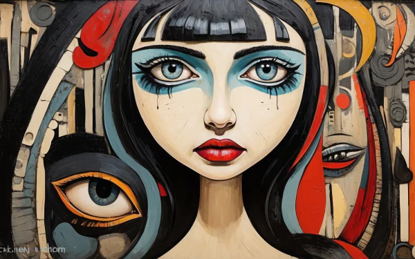 Emotive HD desktop wallpaper featuring artistic portrayal of a female face with expressive eyes and colorful abstract elements.