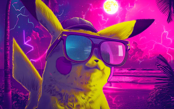 HD desktop wallpaper featuring Pikachu with sunglasses against a vibrant pink-and-purple tropical backdrop.