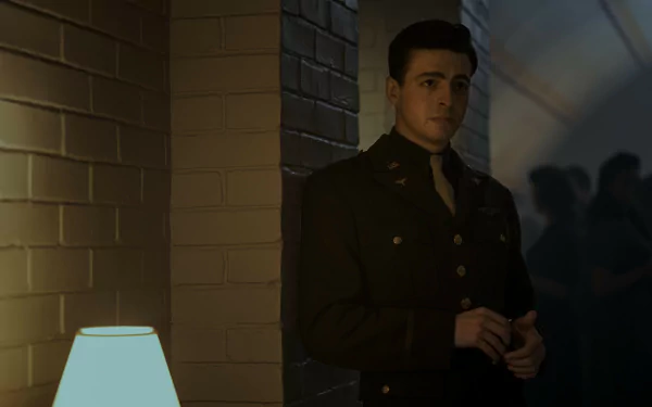 HD wallpaper featuring a scene from the TV show Masters of the Air, depicting a young man in a military uniform standing thoughtfully next to a lamp in a dimly lit hallway.