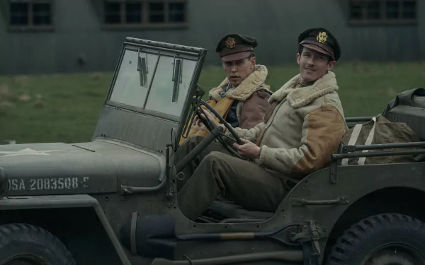 HD wallpaper featuring two characters from the TV show 'Masters of the Air' sitting in a vintage military jeep against a backdrop of wartime structures.