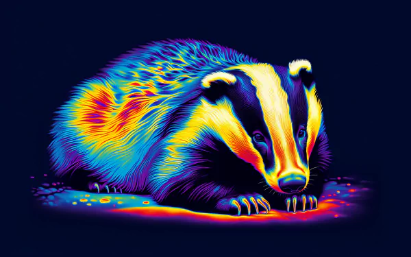 A vibrant, colorful illustration of a badger, featuring bold colors and intricate patterns, designed as an HD desktop wallpaper and background.