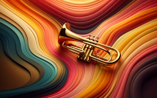 Shiny trumpet on a swirling multicolored abstract background, HD desktop wallpaper.