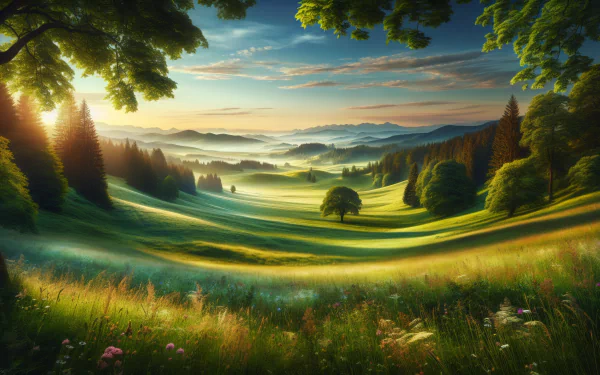 Beautiful HD desktop wallpaper featuring a serene grassland with rolling hills, trees, and a sunrise over distant mountains.