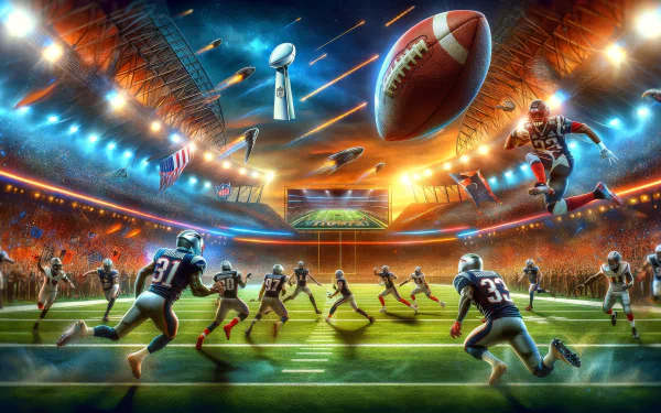 A vibrant HD wallpaper showcasing an intense Super Bowl moment, featuring excited players on the field, a soaring football, and the iconic trophy, set against a dynamic stadium backdrop.