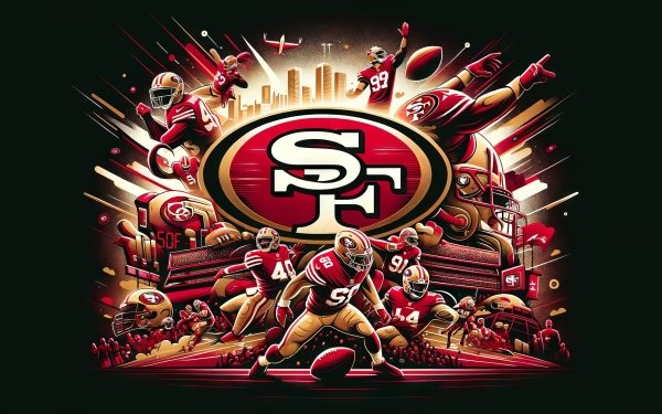 HD San Francisco 49ers NFL Super Bowl-themed desktop wallpaper featuring dynamic illustrations of football players in action with the team logo prominently displayed.