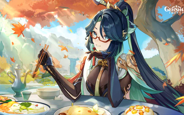 Xianyun (Genshin Impact) at a tea table amid autumn leaves, smiling with glasses and flowing teal hair — 2K Quad HD PC desktop wallpaper/background.