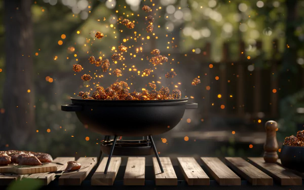 A dynamic BBQ grill surrounded by flying sparks and smoke, set on a wooden table, creates a vibrant outdoor atmosphere in this HD wallpaper.