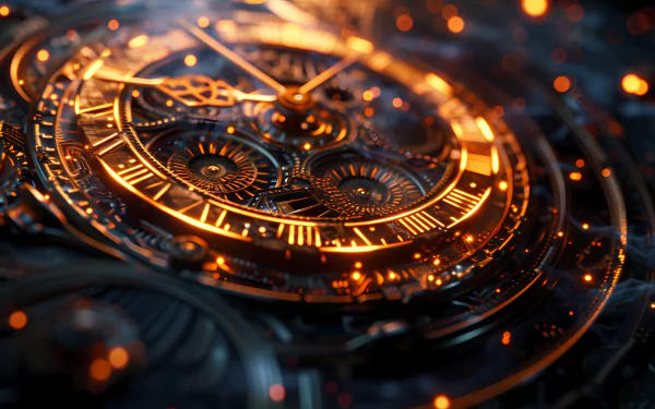 HD desktop wallpaper featuring an intricately designed clockwork with glowing orange accents, evoking a fantasy theme.