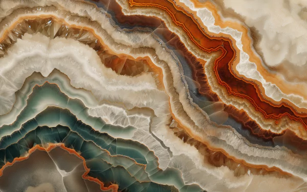 A stunning geode close-up showcases intricate layers of rich oranges, greens, and neutrals, creating a captivating HD desktop wallpaper and background.
