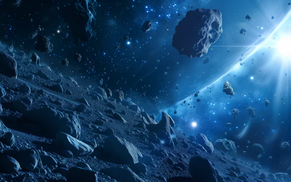 A captivating HD desktop wallpaper featuring a mesmerizing asteroid belt, surrounded by a starry expanse and a distant planet, evoking a thrilling sci-fi atmosphere.