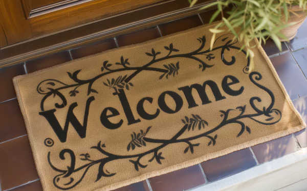 HD desktop wallpaper of a decorative welcome doormat with elegant black script and leaf patterns on a house entryway floor.