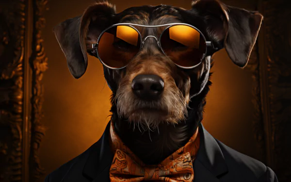 Stylish dog wearing a tuxedo and sunglasses against an ornate background - HD desktop wallpaper.