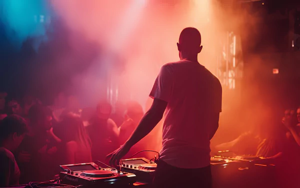HD wallpaper of a DJ playing music at a nightclub party, with colorful dance lights illuminating a lively crowd.