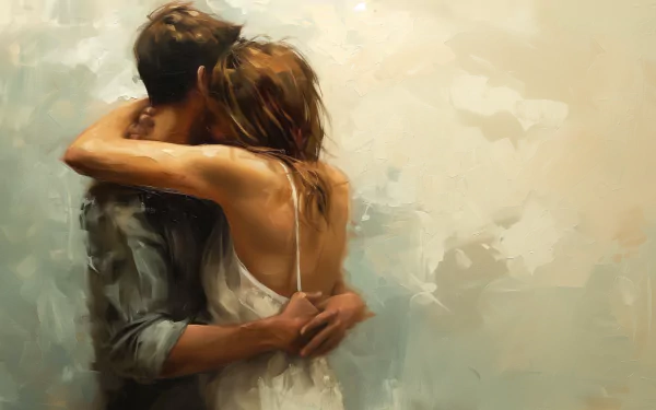 HD desktop wallpaper featuring an artistic portrayal of a couple in a warm embrace, perfect for a romantic background setting.