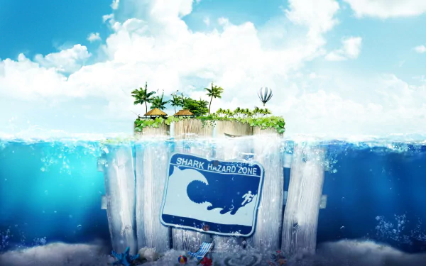 HD desktop wallpaper featuring an imaginative Frutiger Aero design with a tropical island on a floating iceberg and a 'Shark Hazard Zone' sign under the ocean.