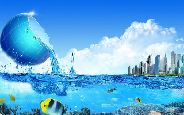 HD desktop wallpaper featuring Frutiger Aero with a vibrant underwater scene transitioning into a cityscape under a blue sky.