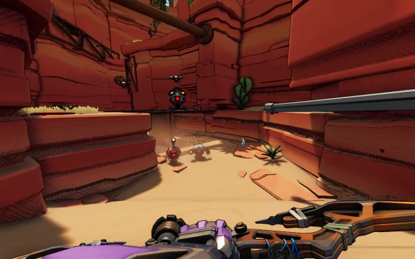 HD Roboquest game wallpaper featuring a first-person view of a crossbow weapon and a robot enemy in a desert canyon environment.