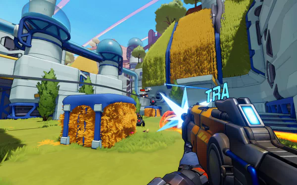 HD Roboquest video game wallpaper showing a first-person view of a player shooting a futuristic weapon in a vibrant sci-fi environment.