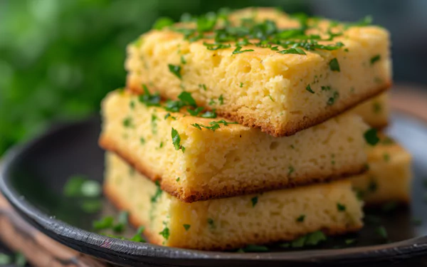 A close-up of three stacked pieces of cornbread topped with fresh herbs on a dark plate, set against a blurred green background, making for a vibrant HD desktop wallpaper.