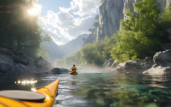 HD wallpaper of a serene morning kayaking session on a calm river surrounded by nature.
