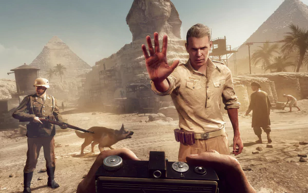 Indiana Jones and the Great Circle action-packed video game wallpaper featuring adventurous scene with iconic characters in Egyptian backdrop.