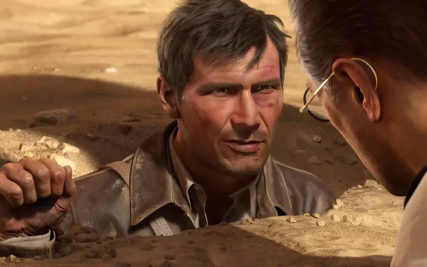 HD wallpaper of a scene from 'Indiana Jones and the Great Circle' video game featuring a close-up of a gritty male adventurer in action.