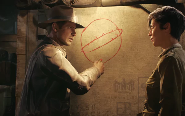 HD wallpaper featuring a scene from Indiana Jones and the Great Circle video game, with two characters examining a mysterious circular symbol.