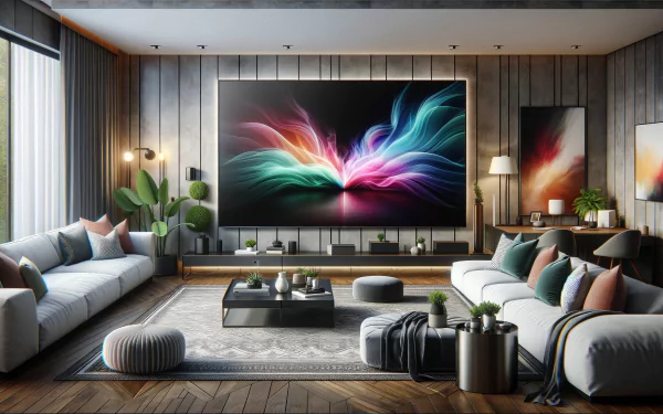 Stylish home interior with large TV and vibrant screen saver as HD desktop wallpaper background.