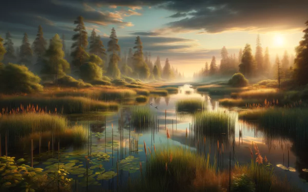 Sunrise over tranquil marsh landscape HD desktop wallpaper and background with lush greenery and water reflections.