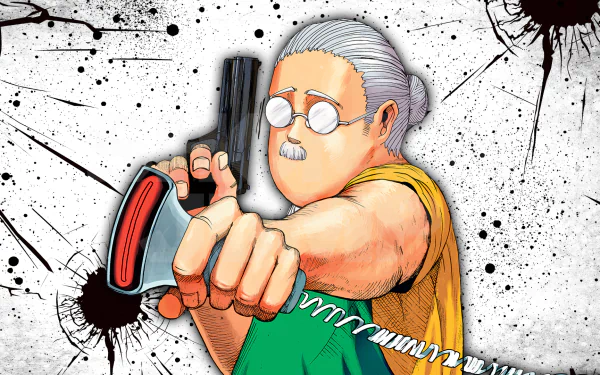 A dynamic HD desktop wallpaper featuring an anime character from Sakamoto Days, aiming a gun with a determined expression against a backdrop of splattered ink.