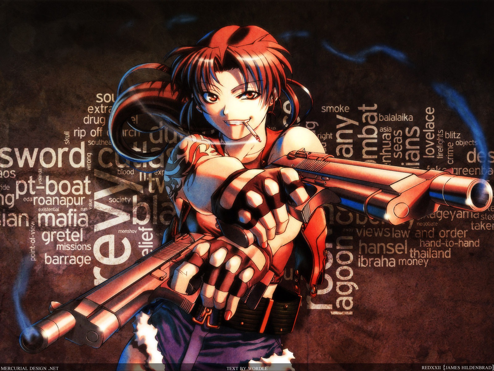 Revy, a character from the Anime series Black Lagoon, exudes confidence and intensity.