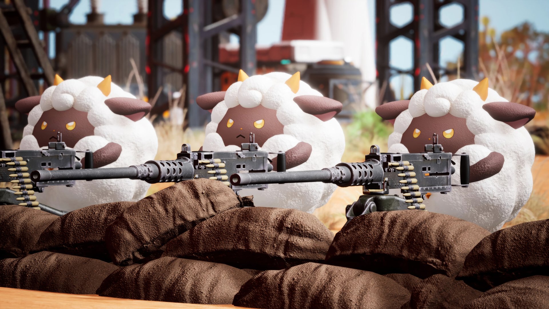HD wallpaper of Palworld showing sheep-like creatures holding rifles, set against an industrial backdrop.