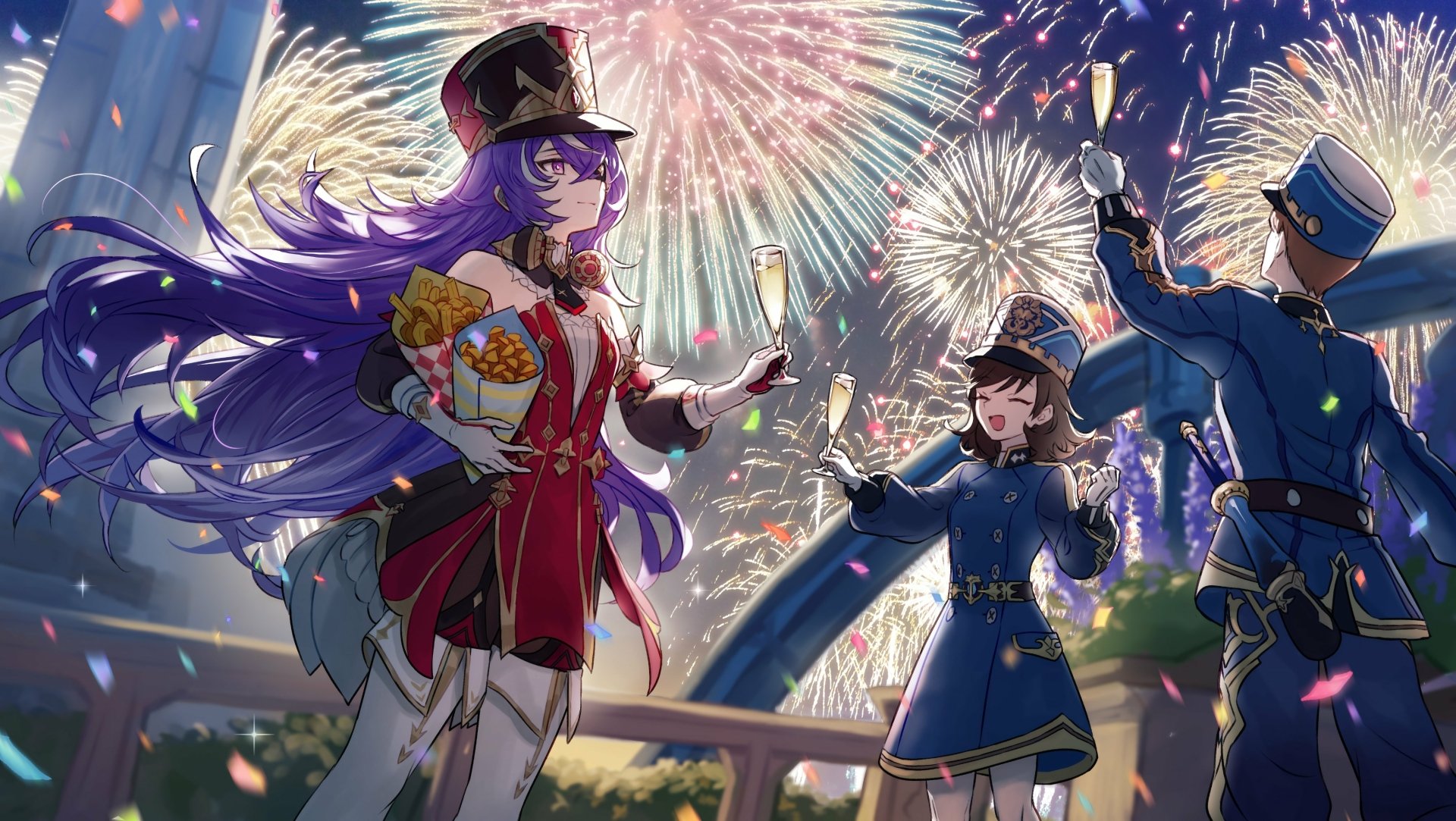 Genshin Impact character Chevreuse enjoying fireworks, HD desktop wallpaper and background.