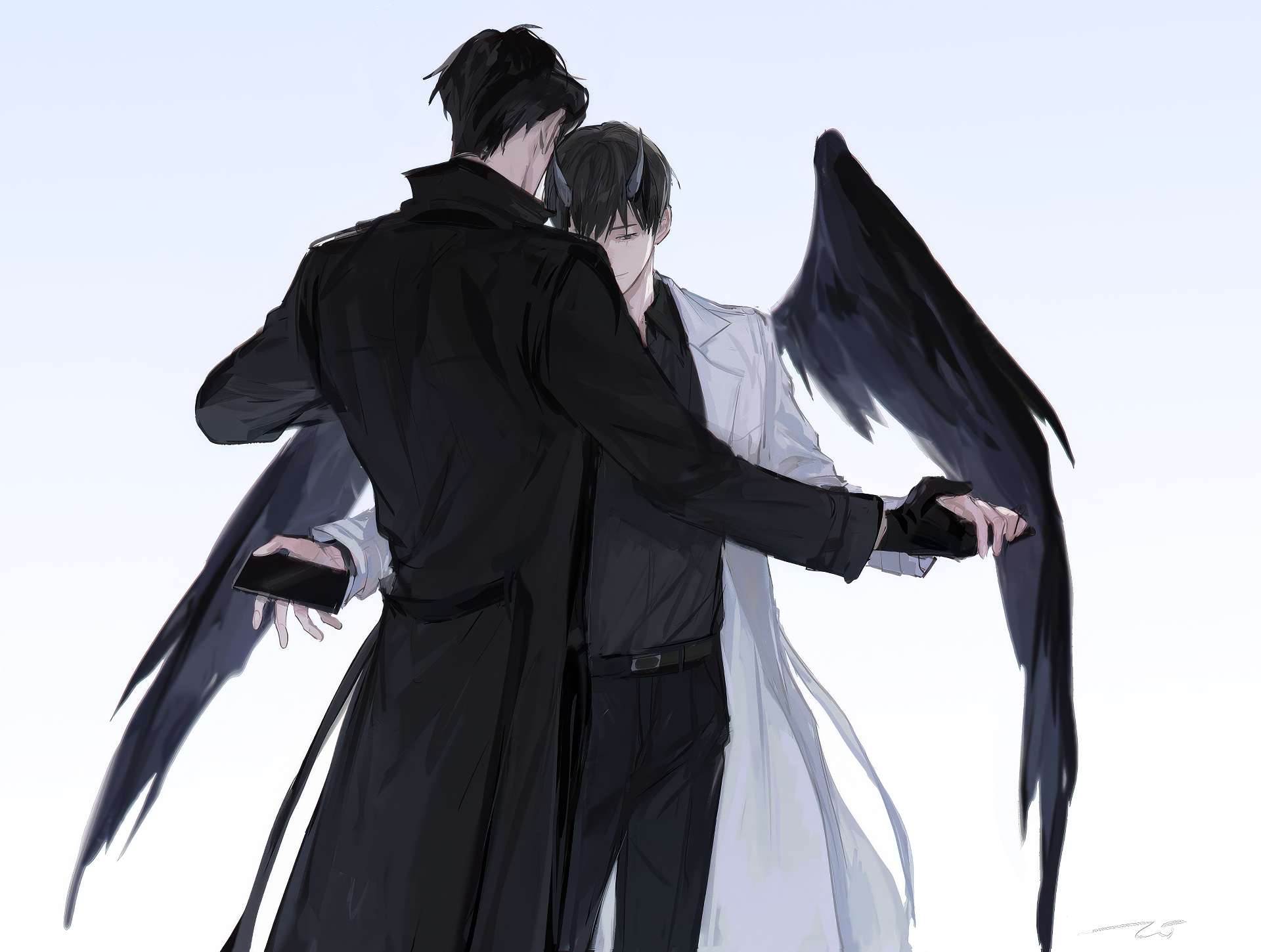 A striking HD wallpaper featuring Kim Dokja from Omniscient Reader's Viewpoint, showcasing two figures with contrasting outfits and dark wings against a soft background.