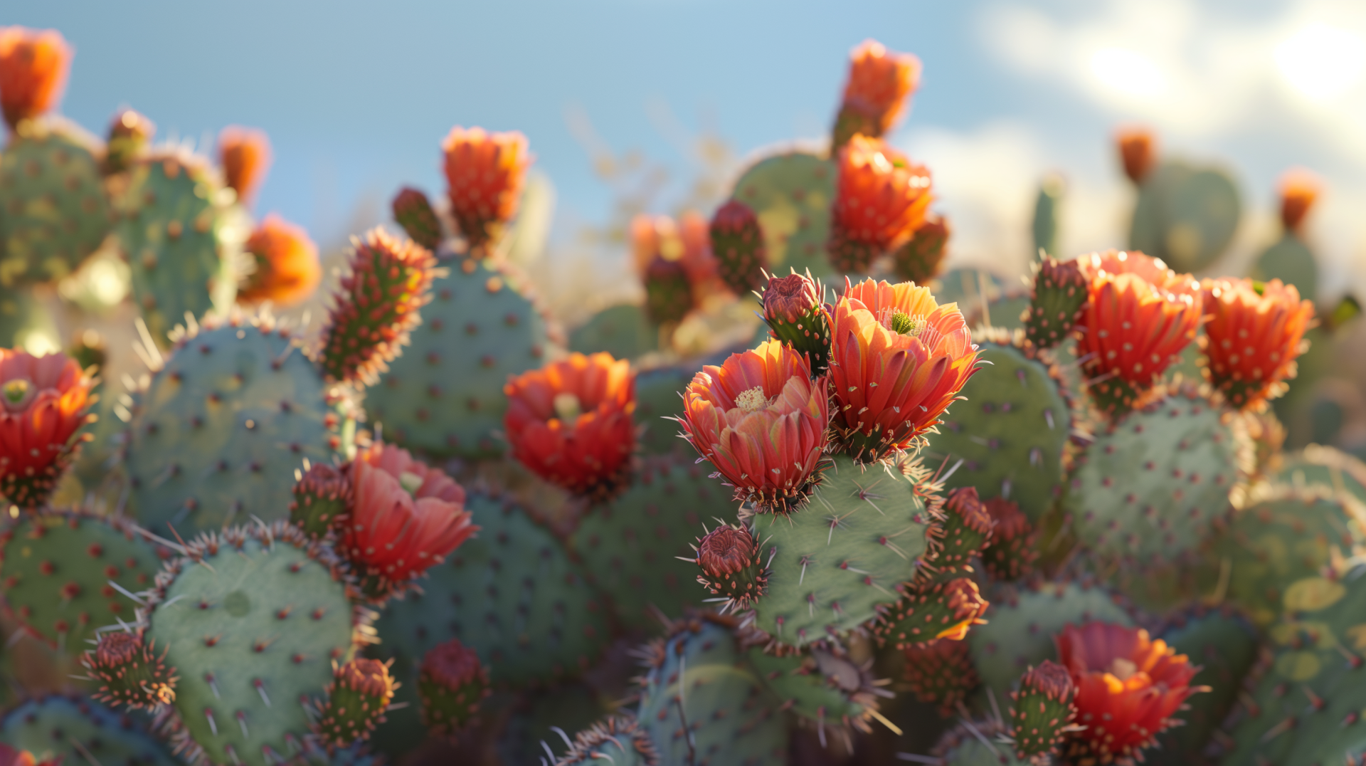 Colorful prickly pear cactus blooms in vibrant orange and red, set against a soft blue sky. A stunning nature-focused HD desktop wallpaper featuring lush cactus flowers.