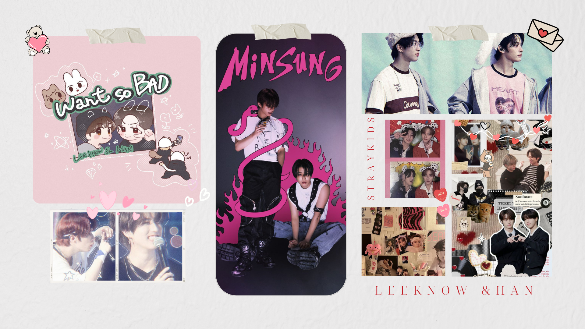 HD PC desktop wallpaper featuring Stray Kids members Leeknow and Hanjisung with vibrant Kpop-themed designs and dynamic poses.