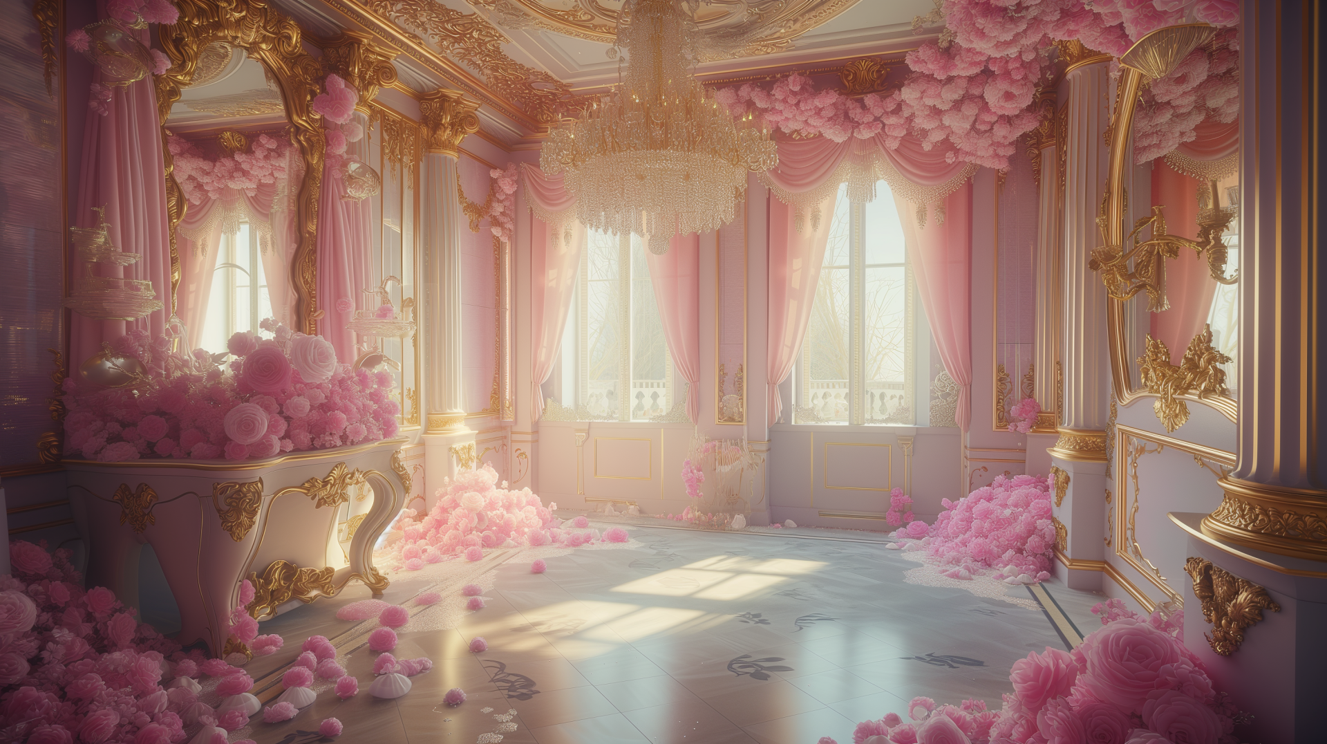 A dreamy, aesthetic pink interior, adorned with luxurious decor and soft pink clouds, illuminated by natural light. This stunning HD wallpaper adds a whimsical touch to any background.