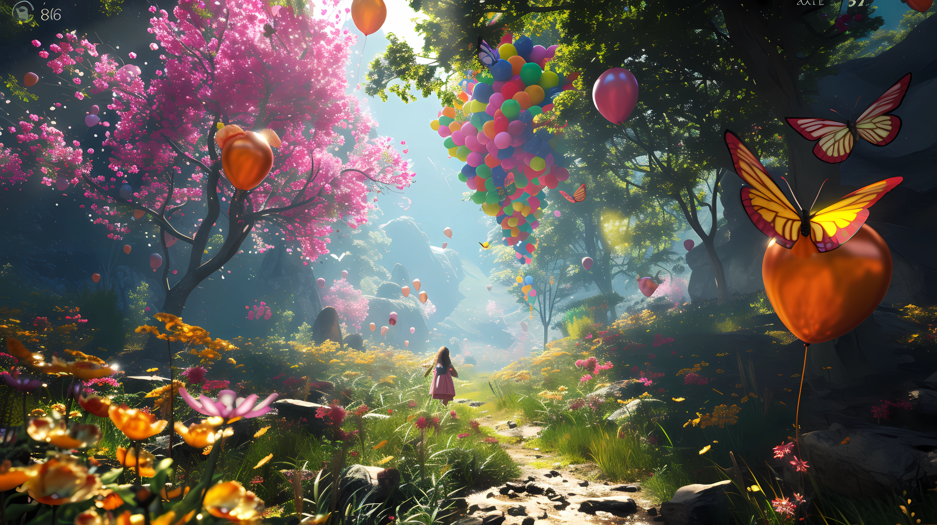 HD desktop wallpaper of a whimsical forest landscape with vibrant flowers, colorful balloons, and a joyful atmosphere.
