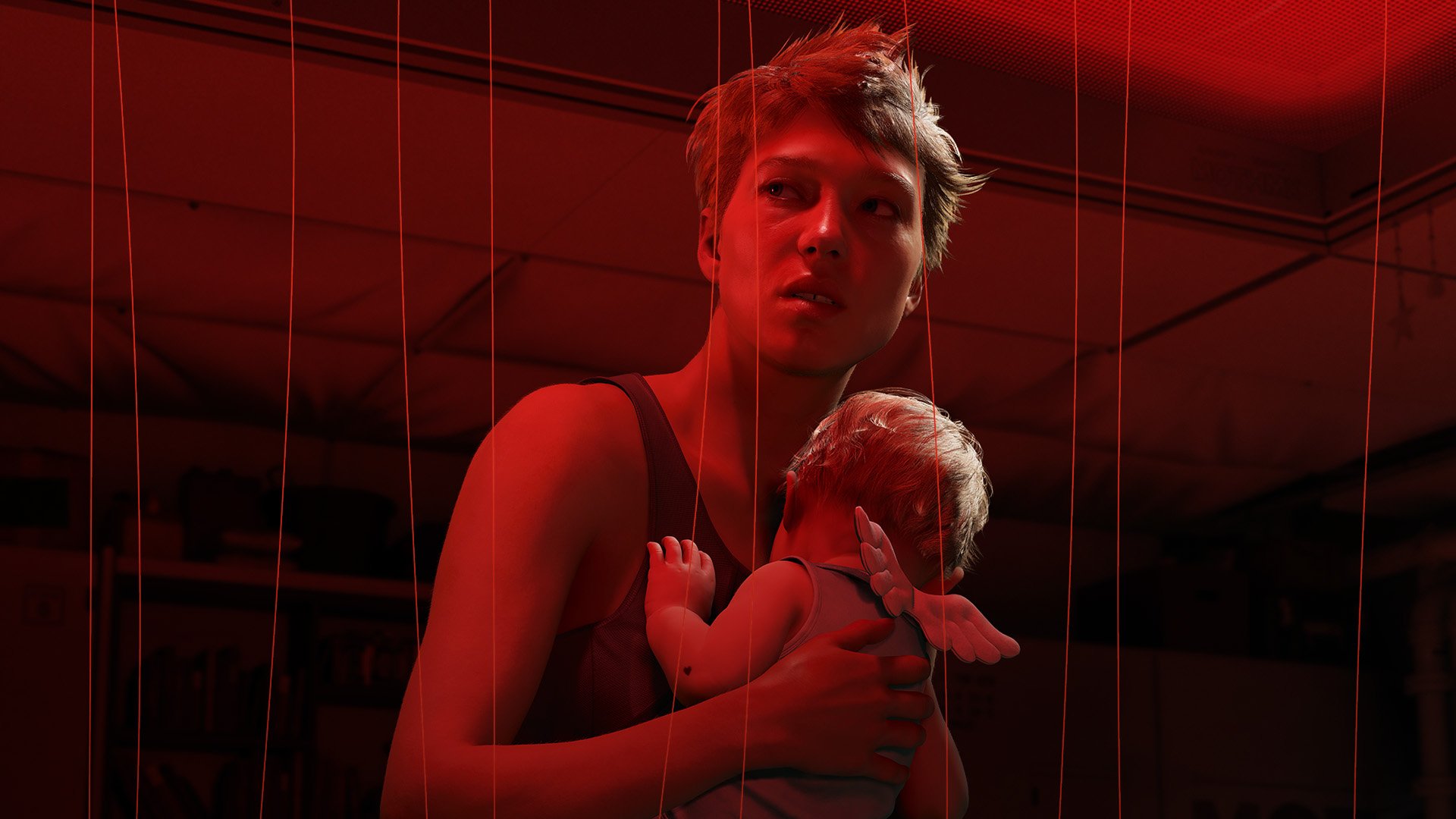 A dramatic scene from Death Stranding 2: On The Beach, featuring a character holding a baby in a moody, red-lit environment, presented as a high-definition desktop wallpaper.