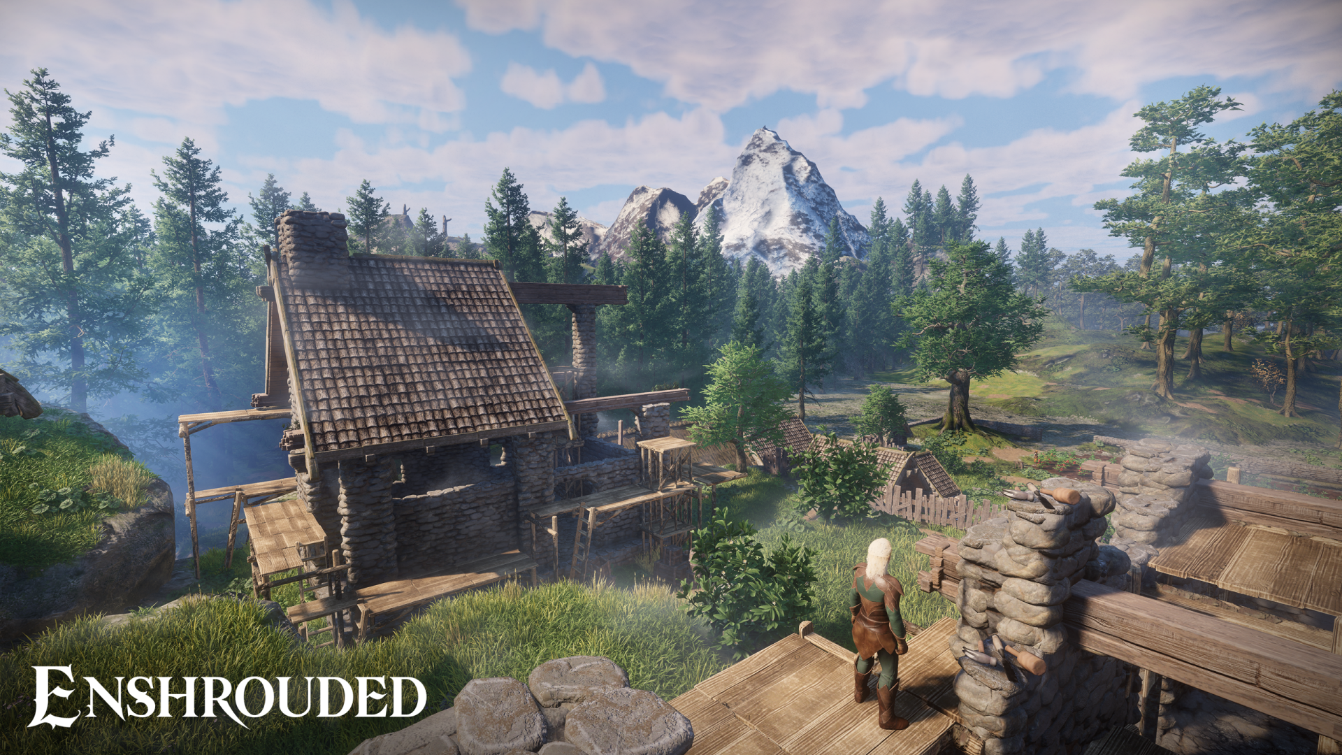 HD desktop wallpaper featuring a scenic village from the video game Enshrouded, showcasing lush landscapes and character overlooking the settlement.