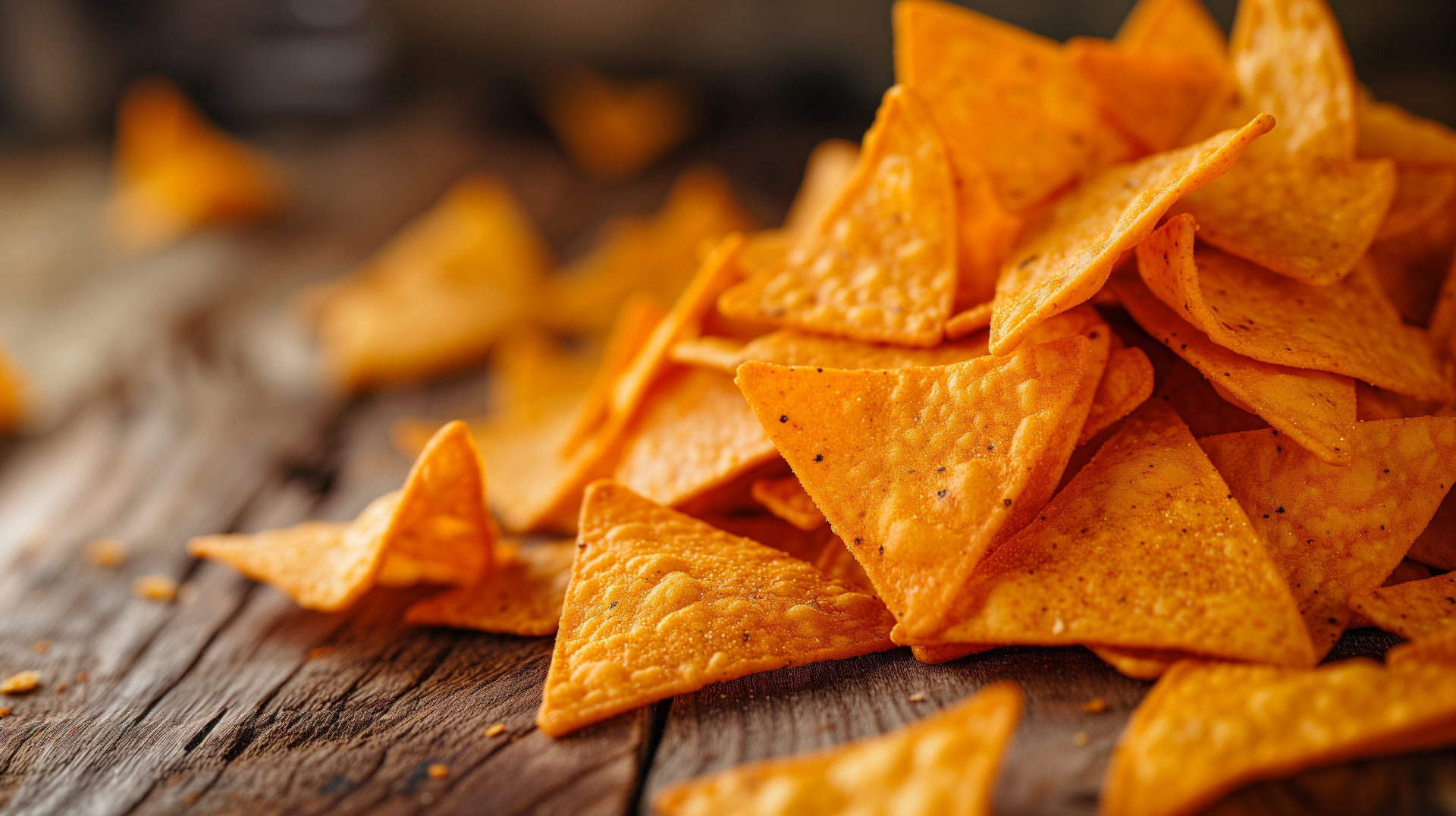 A close-up of a pile of golden Doritos chips scattered on a rustic wooden surface, creating a vibrant and inviting HD desktop wallpaper background.
