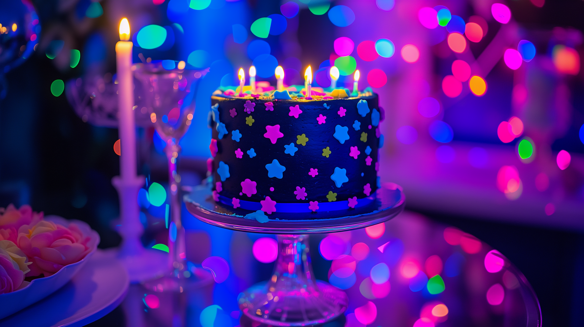 A colorful birthday cake adorned with star decorations sits on a glass stand, surrounded by soft candlelight and a vibrant bokeh background, creating a festive atmosphere.